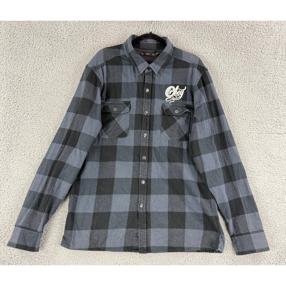 Obey Flannel Shirt Mens XXL Gray Black Buffalo Plaid Long Sleeve Logo Button Up